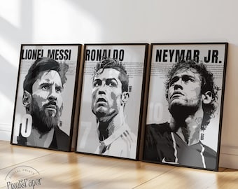 Set di poster Neymar Messi Ronaldo: leggende del calcio in bianco e nero (download digitale A3)