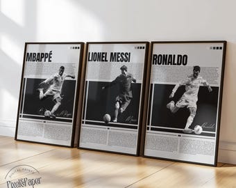 Ronaldo Messi Mbappe Poster Set: Black & White Soccer Legends (A3 Digital Download)