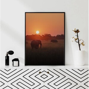 Elephant Sunset Wall Art – African Wildlife Photography – Safari Printable Digital Download