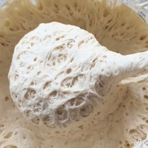 Pu&ograve; includere: Primo piano di un impasto bianco con una consistenza a rete. L'impasto viene sollevato con un cucchiaio, rivelando la sua consistenza ariosa ed elastica.