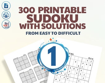 300 Sudoku Puzzles From Easy to Difficult - Volume 1 | Instant Download PDF | Digital Printable Game Book | Large Printed with Solutions