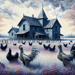 Puede incluir: Una pintura de una granja destartalada con un gallo esquelético y gallinas en primer plano. El gallo es blanco con una cola azul y las gallinas son negras. La granja es gris y desgastada con una valla de madera en frente. El cielo es de un azul pálido con nubes blancas.