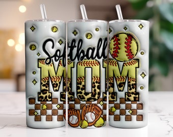 Gobelet gonflé 3D pour maman de softball, motifs de sublimation de softball léopard, gobelet skinny 20 oz, verre de softball maman PNG, softball gonflé