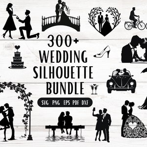 Op de afbeelding: Een verzameling van meer dan 300 zwart-witte silhouet-illustraties voor bruiloften. De illustraties omvatten een bruid en bruidegom, een bruidstaart, een hart met een bloemenkrans, een brug, een auto, een schoen, een stel onder een paraplu, een stel onder een boog en een stel op een dok. De tekst "300+ Wedding Silhouette Bundle" is in grote letters geschreven. De tekst "SVG PNG EPS PDF DXF" is in kleinere letters onder de titel van de bundel geschreven.