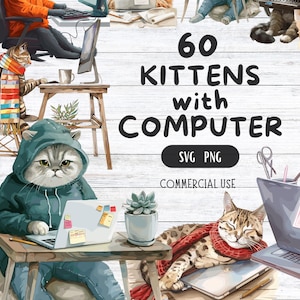 Cute Cat Computer Clipart Bundle Digital Cat Art PNG Cat with Laptop Clipart Cozy Kitten Illustration Kawaii Cat in Hoodie Digital Download