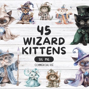 かわいい魔法使いの子猫のクリップアートバンドル 魔女猫 PNG ファンタジー猫のクリップアート ウィッカンの黒猫の印刷可能なステッカー オカルト SVG 黒猫の動物のクリップアート