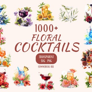 1000 Watercolor Floral Cocktail Clipart Wedding Cocktail Illustration SVG Signature Cocktail Clipart PNG Alcohol Illustrations Bar Menu Gift