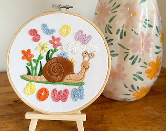 Slow Down Snail Embroidery Kit - Beginner Embroidery Kit - Easy Embroidery Kit