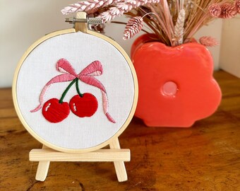 Cherry Bow Mini Embroidery Kit - Beginner Embroidery Kit - Cherry Embroidery - Bow Embroidery