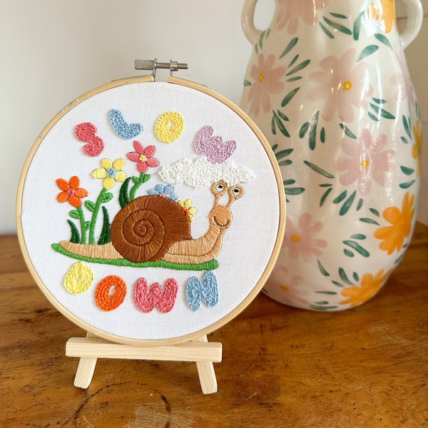 Slow Down Snail Embroidery Kit - Beginner Embroidery Kit - Easy Embroidery Kit