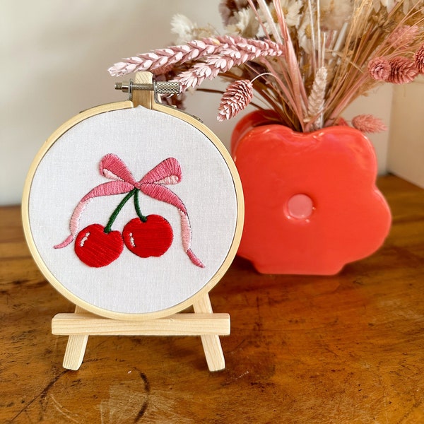 Cherry Bow Mini Embroidery Kit - Beginner Embroidery Kit - Cherry Embroidery - Bow Embroidery