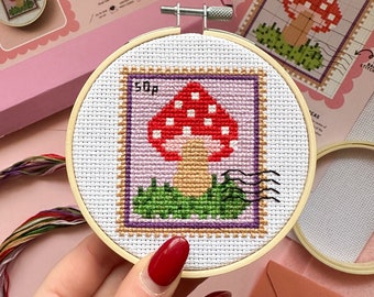 Mushroom Stamp Design Cross Stitch Kit - Beginner Cross Stitch Kit - Easy Cross Stitch Kit