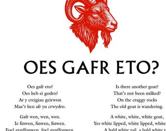 Cyfri'r Geifr - Oes Gafr Eto Bilingual Lyrics Poster | Famous Welsh Tongue Twister Folk Song beloved of Welsh Choirs | That one about goats.