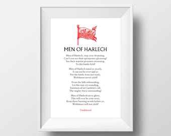 Men of Harlech Lyrics Poster | Welsh traditional song Wall Art | Rousing Favourite March Print | Ideal Gift or Present from Wales.