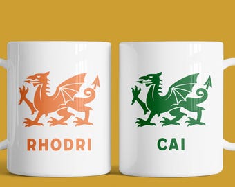 Colourful Personalised Welsh Dragon Mug | Any Name Colour | Father, Mother, Taid, Nain, Mam, Dad, Friend, Teacher, Custom Thank You Gift