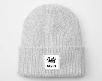 Smart Welsh White Square Black Dragon Badge Beanie, Comfy, Unisex Cuffed Skull Cap, Minimal Welsh Design ideal as a souvenir or present.