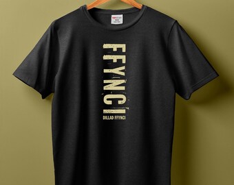 Cool New Distressed Text FFYNCI Logo T-Shirt | Funky Graphic Type Tee, Ideal Gift or Perfect Present Top for a Welsh friend or relative.