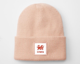Smart Welsh White Square Red Dragon Badge Beanie, Comfy, Unisex Cuffed Skull Cap, Minimal Welsh Design ideal as a souvenir or present.