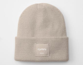 Smart Welsh CYMRU Badge Beanie, Comfy Unisex Cuffed Skull Cap | Minimal Welsh Design, Ideal Souvenir or Gift. Logo in White, Red or Black.