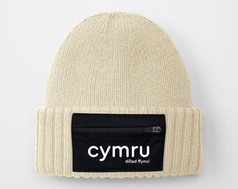 Smart Warm Cymru Logo Pocket Patch Beanie, Comfy, Unisex Cuffed Skull Cap, Minimal Welsh Design, ideal as a souvenir or present.
