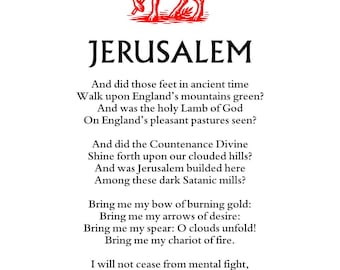 Jerusalem Hymn Lyrics Poster | England's Unofficial National Anthem Words Wall Art | Ideal gift or present.