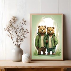 Valentijnsdag geschenk, paar beer, groene borstel olieverfschilderij, vintage canvas, print voor kamer wand decor, digitale afdrukbare