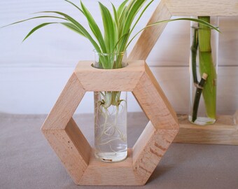 Hexagonvase aus Holz mit Reagenzglas für Blumen | Vermehrungsstation für Ableger und Pflanzen | Propagation Station