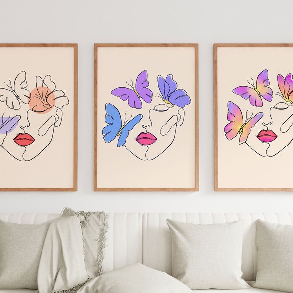 Surreal Face Woman Line Art, Set of 3 Art, Butterfly Woman Art Decoration, Digital Download