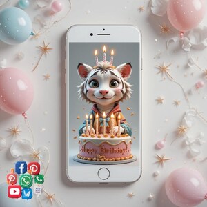 Cartoon Grußkarte. Süßes Tigerjunges mit angenehmer Stimme wünscht Dir alles Gute zum Geburtstag.Ein süßes Tigerjunges mit angenehmer Stimme. 9:16Format