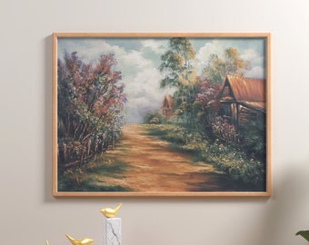 Painting of a dirt road leading to a barn. Downloadable Art Vintage style. Printable.