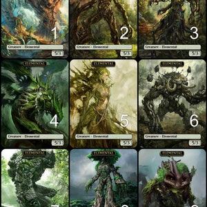 Op de afbeelding: Negen geïllustreerde kaarten met groene en bruine elementaire wezens met het woord "Elemental" bovenaan elke kaart. Elke kaart heeft een nummer van 1 tot 9 en de woorden "Creature - Elemental" en "5/3" onderaan.