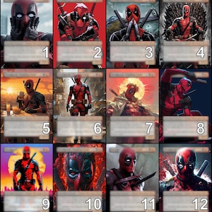 Könnte beinhalten: Eine Sammlung von zwölf Sammelkarten mit Deadpool, der Figur aus den Marvel Comics. Jede Karte zeigt Deadpool in verschiedenen Actionposen und künstlerischen Stilen, wobei Rot und Schwarz dominieren. Die Karten sind nummeriert und haben einen leeren Bereich für Text.