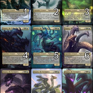 Könnte beinhalten: Neun Magic: The Gathering Sammelkarten mit Zaxara, the Exemplary, einer Legendären Kreatur Albtraum. Jede Karte zeigt eine mehrköpfige Hydra in verschiedenen Farben, mit Text, der ihre Fähigkeiten und Werte beschreibt. Die Karten sind 2/3.