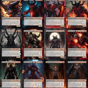 May include: Twelve different illustrations of a red and black demon with horns and wings. The demon is depicted in various poses and settings, including a fiery background, a moonlit sky, and a dark forest. The text "Valgavoth, Harrower of Souls" appears at the top of each illustration, along with a number from 1 to 12.
