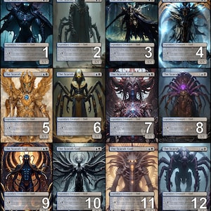 Puede incluir: Doce cartas de juego diferentes que representan a una criatura llamada "The Scarab God". Las cartas están dispuestas en una cuadrícula de cuatro filas y tres columnas. Cada carta presenta una ilustración diferente de la criatura, que es un gran ser insectoide con múltiples patas y una apariencia amenazante. Las cartas están todas en el mismo estilo, con un borde negro y un fondo blanco. El texto en las cartas está en inglés.