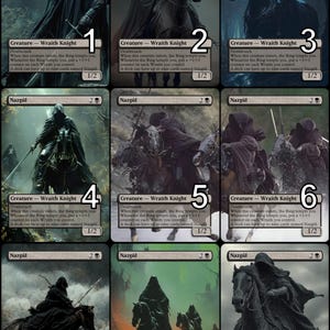 Può includere: Nove carte collezionabili raffiguranti i Nazgûl, o Spettri dell'Anello, ambientate in un mondo fantasy. Ogni carta raffigura una figura incappucciata, alcune a cavallo, in tonalità di nero e grigio. Le carte hanno un punteggio di forza e resistenza di 1/2.