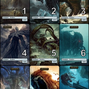 Könnte beinhalten: Neun verschiedene Illustrationen von Kraken, einer Art mythischem Seeungeheuer, in verschiedenen Posen und Umgebungen. Jede Illustration ist mit einer Zahl von 1 bis 9 gekennzeichnet.