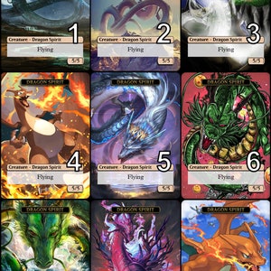 May include: Nine fantasy art cards featuring dragons. Each card has the text "DRAGON SPIRIT", "Creature - Dragon Spirit", and "Flying". The cards depict dragons in various colours and styles, with a power rating of 5/5.