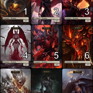 May include: Nine illustrated cards featuring different demons with red, black, and grey colours. Each card has the word "DEMON" at the top and the text "Creature - Demon" at the bottom. The cards are numbered 1 through 9.