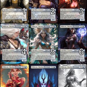 Puede incluir: Nueve cartas de juego de fantasía con ilustraciones de mujeres con diferentes peinados y vestimentas. Cada carta tiene un borde blanco y un texto que dice "Millicent, Revenant Inquieto" y "Criatura legendaria - Soldado Espiritual". Las cartas están numeradas del 1 al 9.