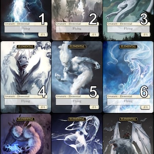 Op de afbeelding: Negen verzamelkaarten met verschillende elementaire wezens, met bovenaan op elke kaart het woord "Elemental". Elke kaart heeft een nummer van 1 tot 9 in de rechterbenedenhoek. De kaarten zijn allemaal wit met een zwarte rand en tonen verschillende gekleurde wezens.