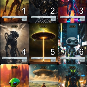 Puede incluir: Nueve cartas de arte fantástico con criaturas alienígenas. Cada carta tiene la palabra "ALIEN" en la parte superior y "Creature - Alien" en la parte inferior. Las cartas representan varios diseños alienígenas, incluyendo formas humanoides y robóticas, con colores vibrantes y arte detallado.