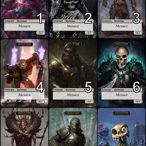 May include: Nine different illustrations of skeletons, each with a unique design and pose. The skeletons are depicted in various settings, including a dark forest, a graveyard, and a dungeon. Each illustration is labeled with the word "Skeleton" and the text "Menace 4/1".