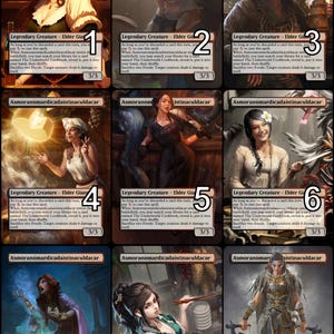 May include: Nine illustrated cards featuring a woman with different hairstyles and outfits. Each card has a title "Legendary Creature - Elder Giant" and a number from 1 to 9. The cards are set against a background of a tavern or kitchen.