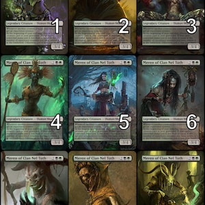 May include: Nine trading cards featuring a green, black, and white illustration of a human character with a skull-like face. Each card has the text "Meren of Clan Nel Toth" and a number from 1 to 9. The cards are part of a trading card game.