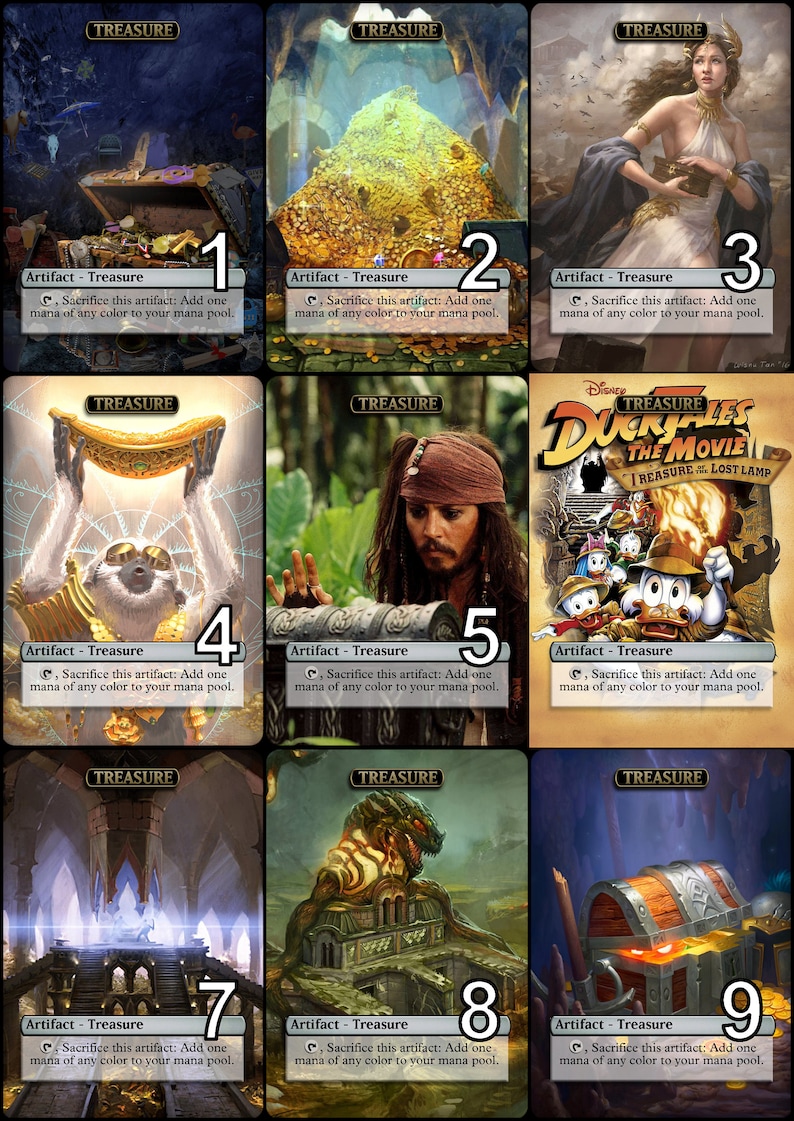 May include: Nine illustrated cards, each with the word "Treasure" at the top. Each card features a different image and the text "Artifact - Treasure" and "Sacrifice this artifact: Add one mana of any colour to your mana pool."