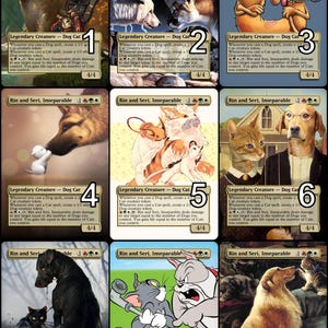 May include: Nine illustrated cards featuring different pairs of animals, each with a unique design. The cards are titled "Rin and Seri, Inseparable" and feature a dog and cat in each illustration. The cards are numbered 1 through 9.