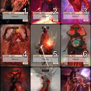 Könnte beinhalten: Neun Fantasy-Sammelkarten mit roten und schwarzen Geisterwesen, auf denen jeweils das Wort "SPIRIT" und "Menace" steht. Die Karten sind von 1 bis 9 nummeriert.