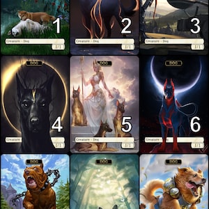 May include: Nine illustrated cards featuring different dog breeds. Each card has the word "DOG" at the top and a number from 1 to 9 in the bottom right corner. The cards are set against a variety of backgrounds, including a forest, a cityscape, and a starry night.