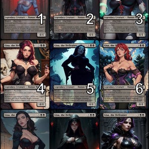 May include: Nine trading cards featuring a woman in a black dress with a red background. The cards are numbered 1 through 9. Each card has the text "Gisa, the Hellraiser" and "Legendary Creature - Human Warrior".